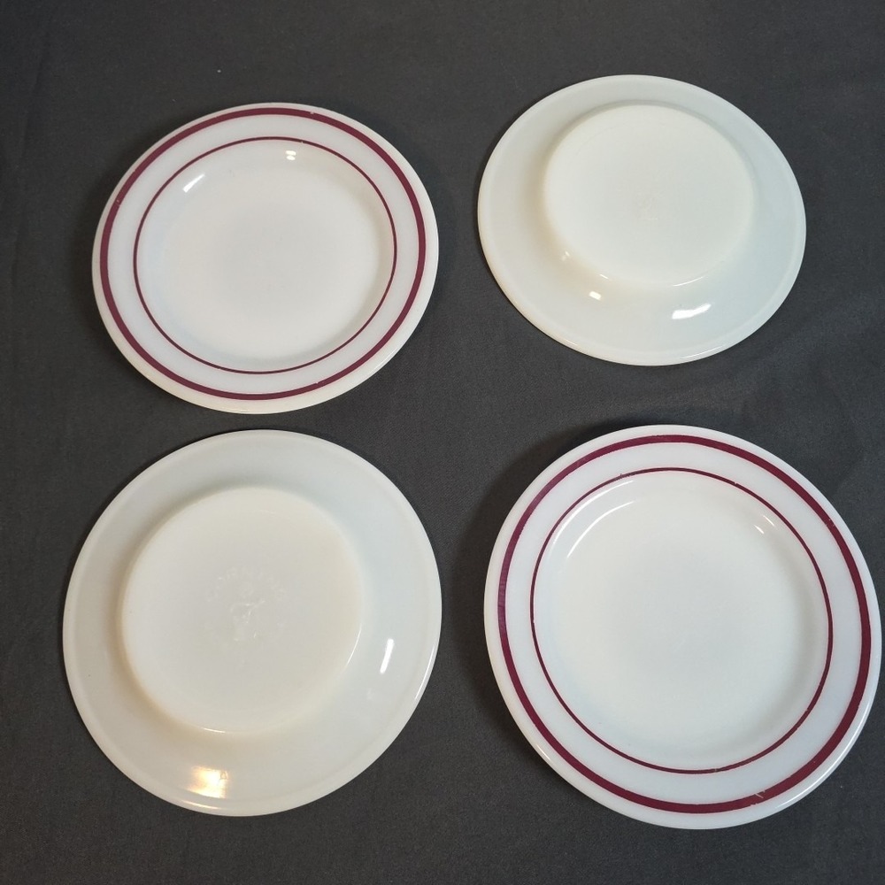 4 Corning 5.5" Plates Dinner Ware #711 ‎ Milk Glass Red Band Stripes USA Diner